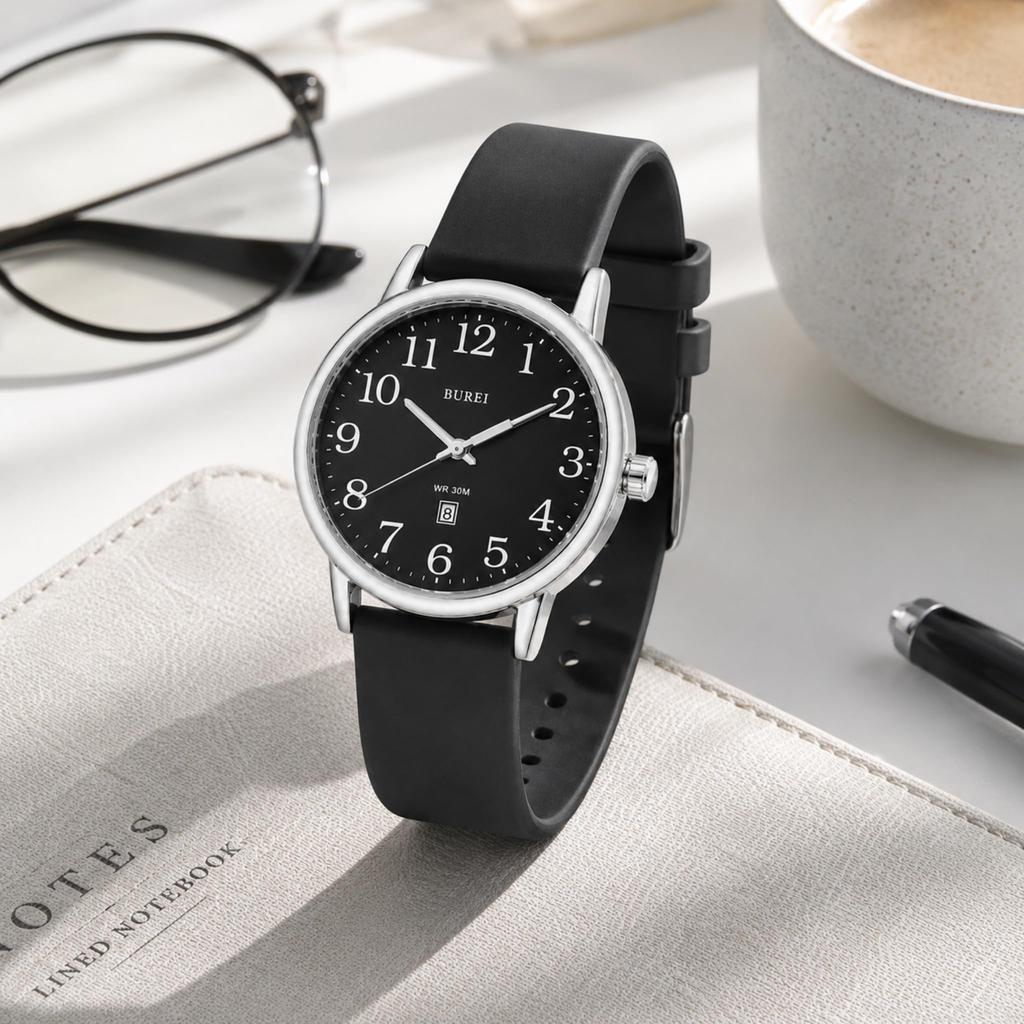 BUREI Japanese Quartz Date Silica Gel Casual Watch Women's Watch, Movement, Stylish, Waterproof, Display, Strap, Simple, Lightweight, Women's (Black)