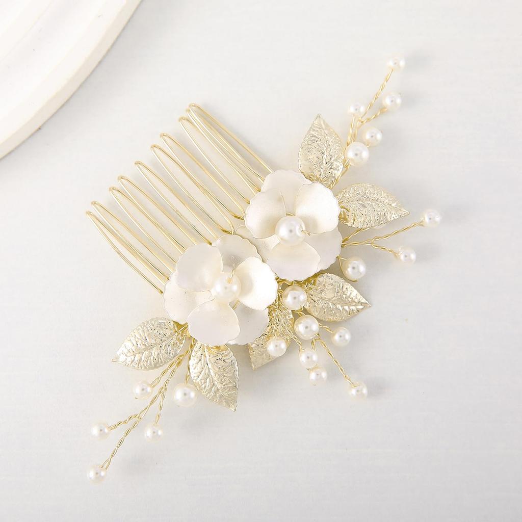 Famihot Hair Accessory Headpiece, Leaf and Seashell Flower Motif, Comb, Pearl Hairpin, 5-Piece Set, Hair Accessory for Weddings, Receptions,