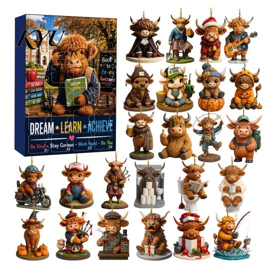 Christmas Tree Wall Bag Decorations 2026 Highland Cow Advent Calendar, 2D Flat Acrylic Unique Ornament Series Ornaments, 24 Days Countdown Gift