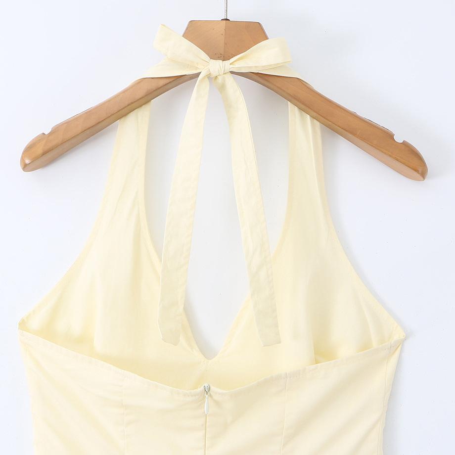 Summer new European and American fashion temperament elegant yellow waist hanging neck medium and long holiday style dress