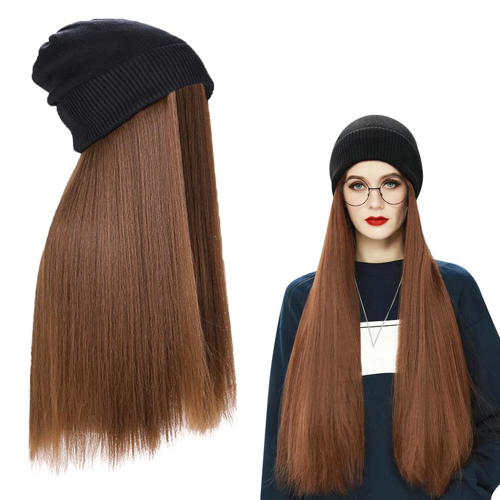 Women Winter Hat Wig Knit With Long Straight/Wig Wavy Curly Hair Wig Attached 23.6 Inch Synthetic Hair Wigs Hairpiece
