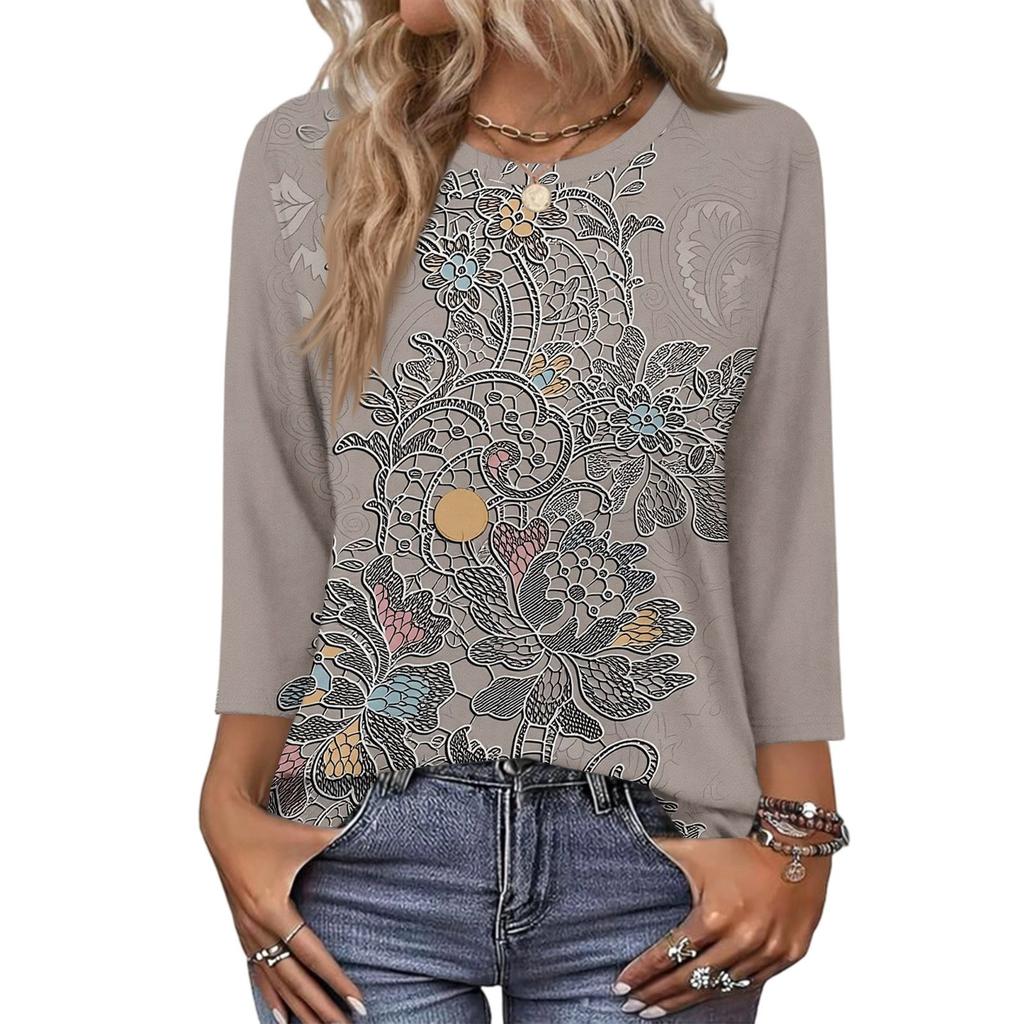 343/4 Sleeve Shirts For Women Cute Print Graphic Tees Blouses Casual Plus Size Basic Tops Pullover