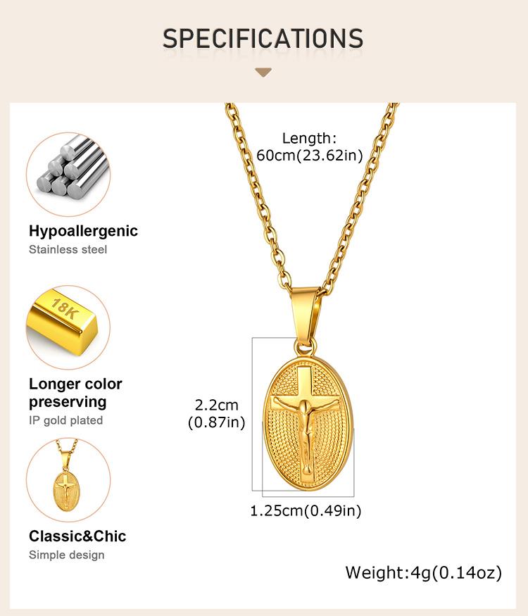 Stainless Steel Jesus Cross Oval Pendant Necklace for Women, Anti Tarnish Religious Prayer Communion Jewelry Gift