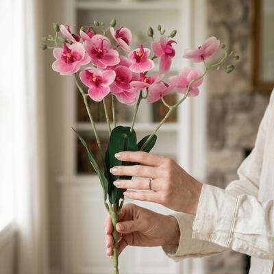 5 Heads Artificial Orchid Realistic with Leaves Simulation Orchid Flowers Real Touch No Watering Faux Phalaenopsis