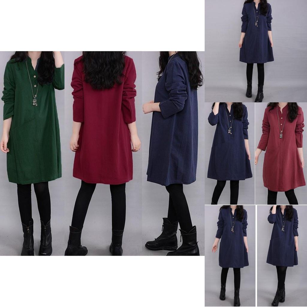 Timeless Vintage Women Long Sleeve Pullover V Neck Tunic Dress For Casual Elegance
