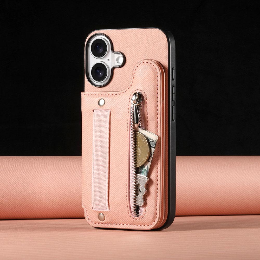 Zipper Cards Solt Wallet Leather Case for iPhone 16 15 13 Pro Max 14 Plus 16Pro 15Pro Elastic Rope Wrist Leather Cover