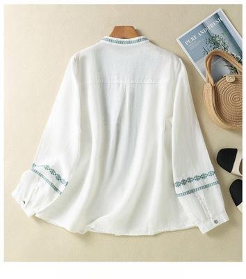 Camicia da donna retrò ricamata in cotone lino con collo alla coreana, maniche lunghe larghe, top primaverili