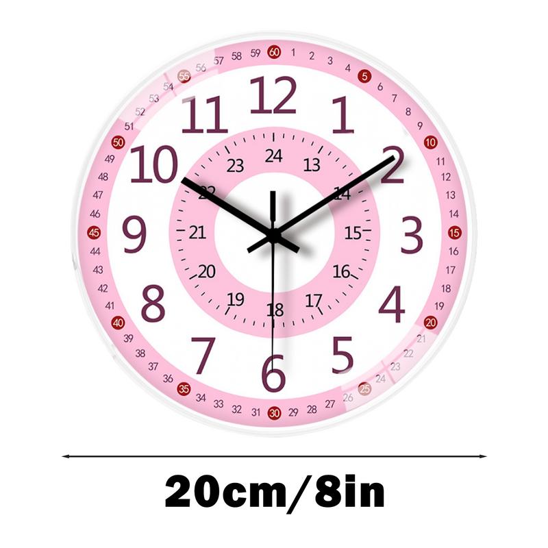 Teaching Time Clock For Kids 8-Inch Kids Room Wall Decor Analog Clock Non Ticking Telling Time Teaching Clock Silent Learn To