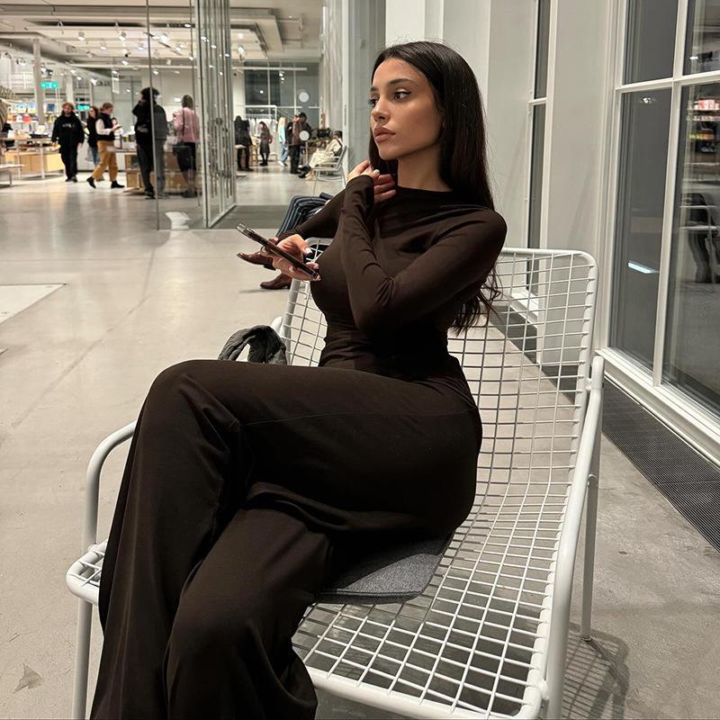 Y24ST593 Women's Casual Solid Color Round Neck Long Sleeve Top and Wide Leg Pants Set for Spring and Autumn