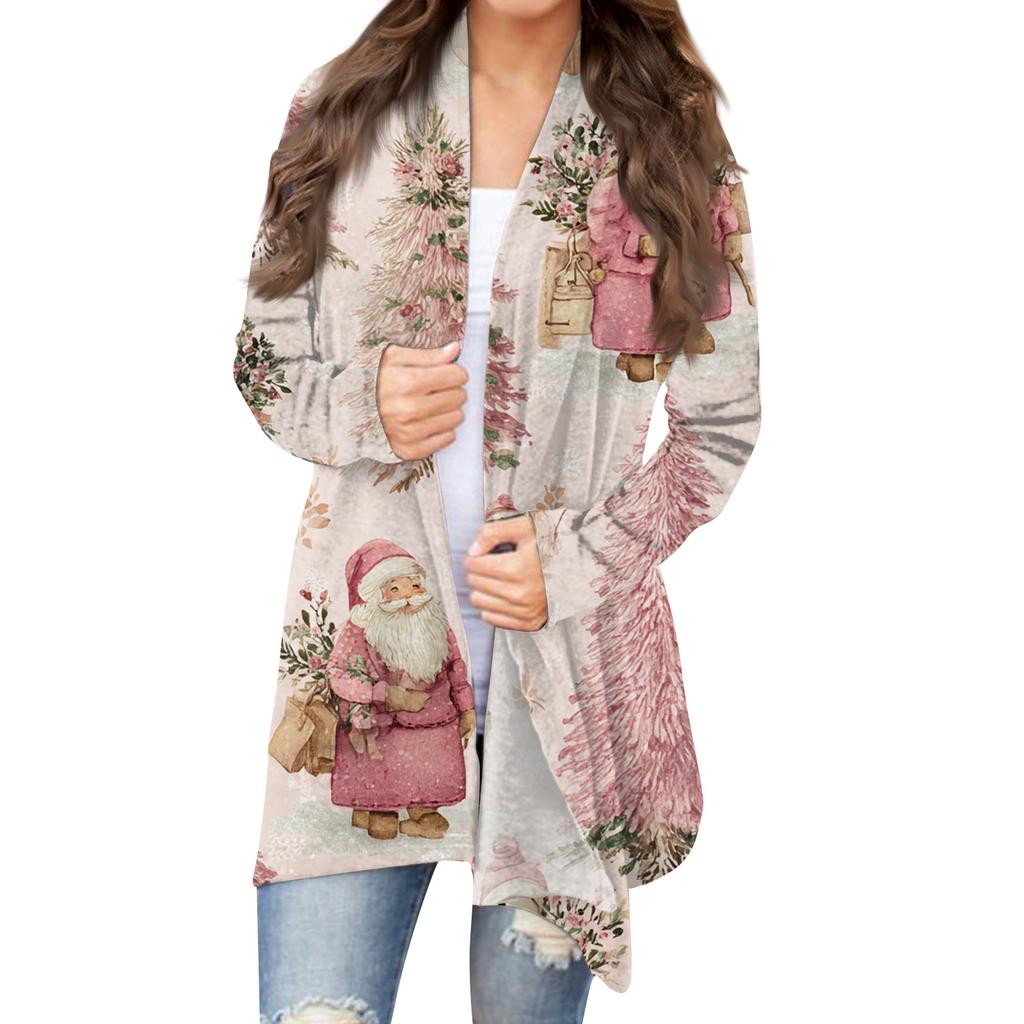 Women's Fashion Christmas Print Jacket Long Sleeve Casual Cardigan Coat
