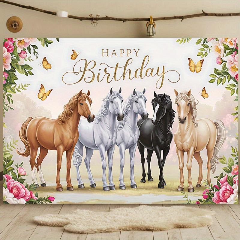A Birthday Party Banner Themed On Horses - Featuring Vibrant Flowers and Butterflies Decorating the Background Fabric