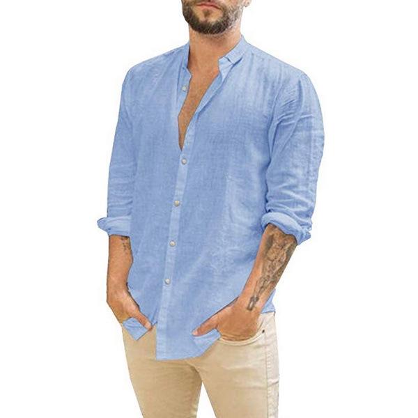 Men's European & American Linen Stand-Up Collar Cardigan Shirt - Solid Color, Long Sleeve, Casual, 2021