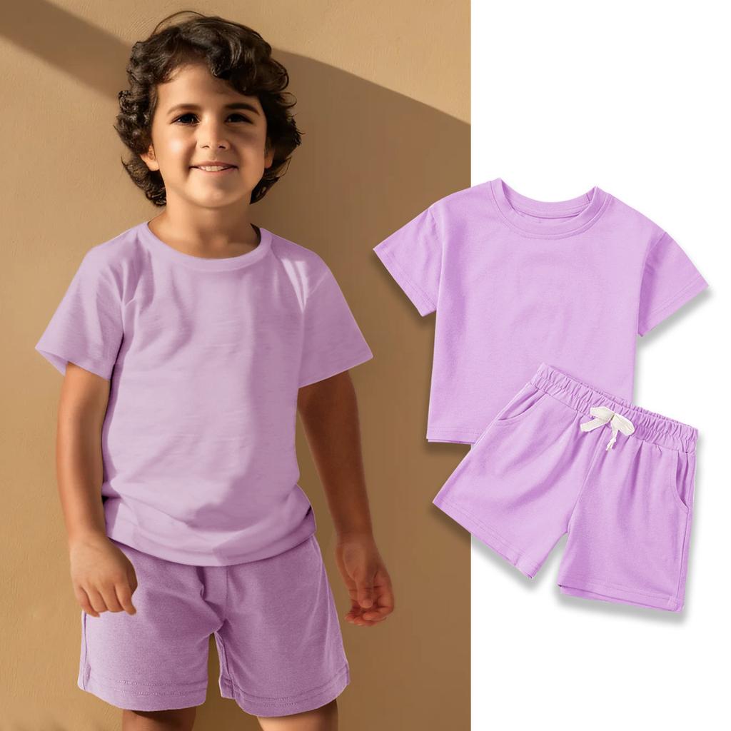Boys and Girls Cotton Short Sleeve Shorts Solid Color Leisure Set 2025 Summer Children's Fashion Set