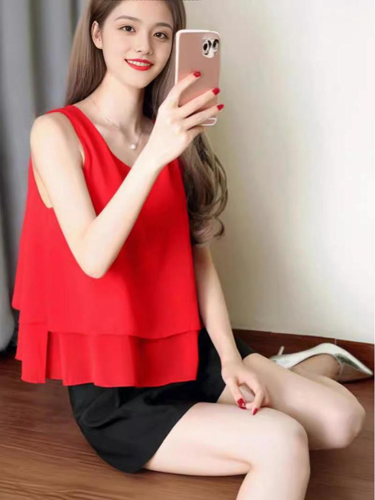 Dámský šifonový top plus size - Volný, bez rukávů, halenka zakrývající břicho