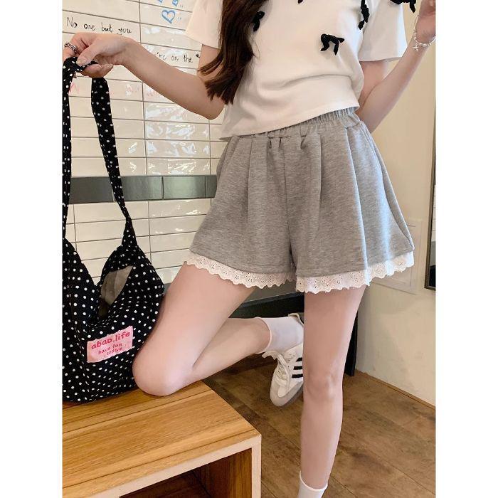 Gray Lace Trim Casual Wide-Leg Pants - Women s Elastic Waist, Slimming, Early Spring Shorts Large серый