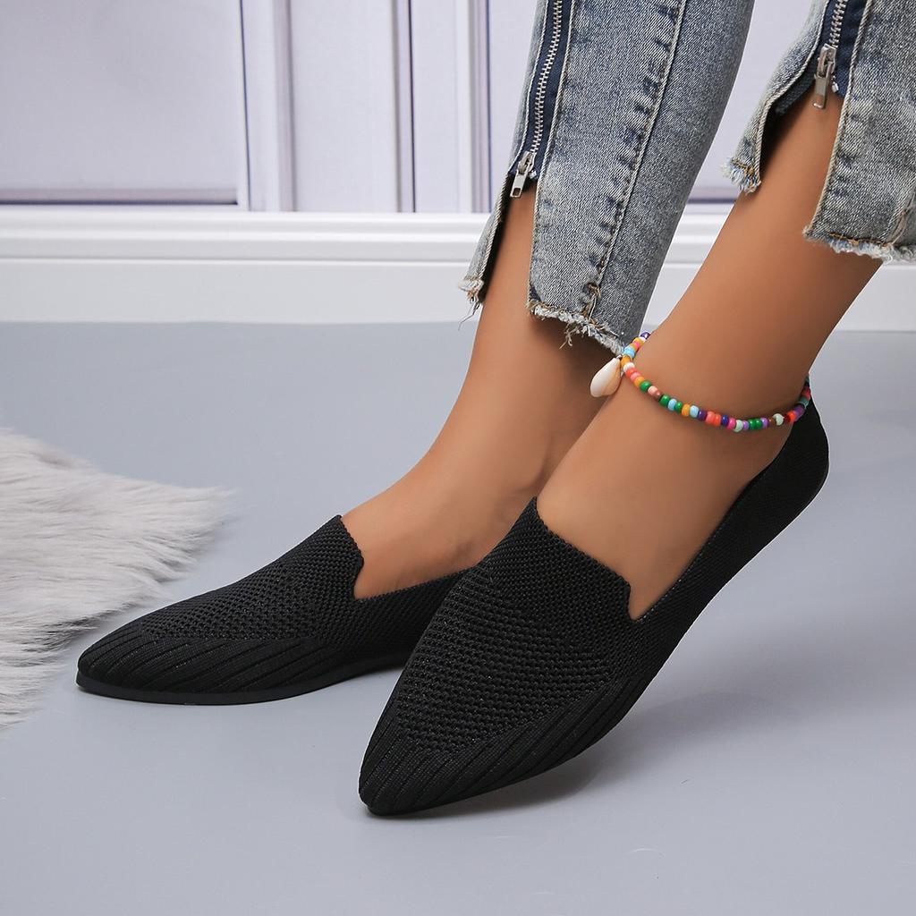 Elegant Office Women Loafers Ladies Hollow Knitting Breathable Solid Color Pointed Toe Mesh Shallow Mouth Flat Casual Shoes