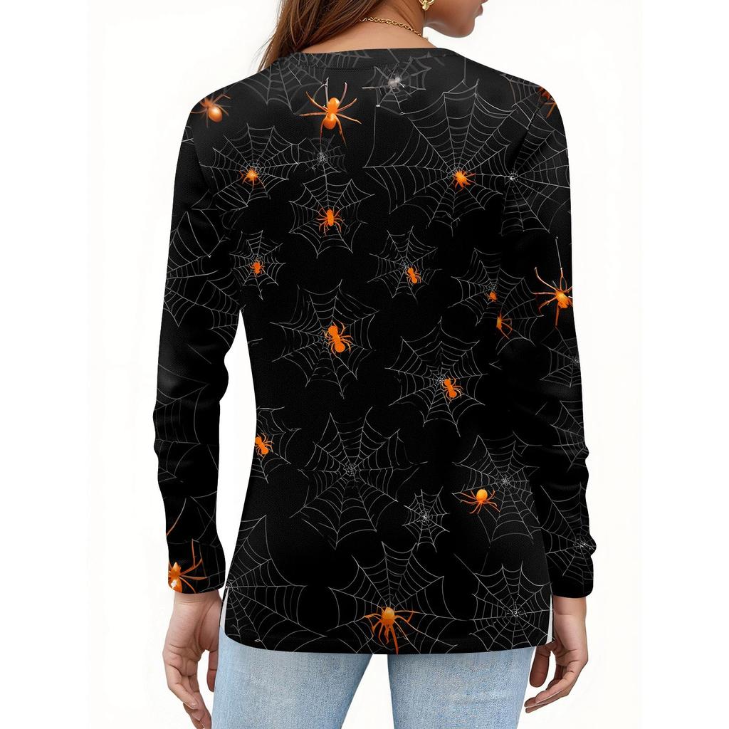 Women's Fashion Casual Slit Hem Round Neck Long Sleeve Loose Halloween Printed T-Shirt Ladies Top