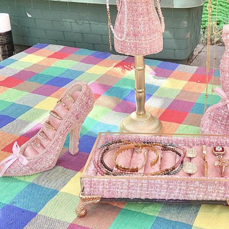 Fabric And Plastic Jewelry Display Stand For Earrings Rings High Heel Design Accessory Rack for Home Tabletop Dresser