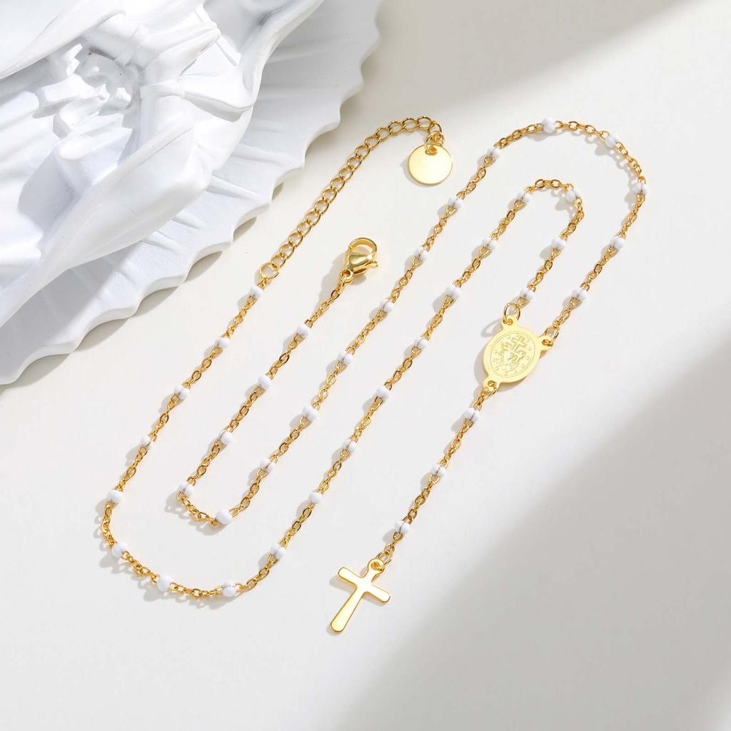 Stainless Steel Rosary Virgin Cross Drop Y-shaped Necklace,Women's White Rice Bead Chain Prayer Necklaces,Exquisite Jewelry Gift