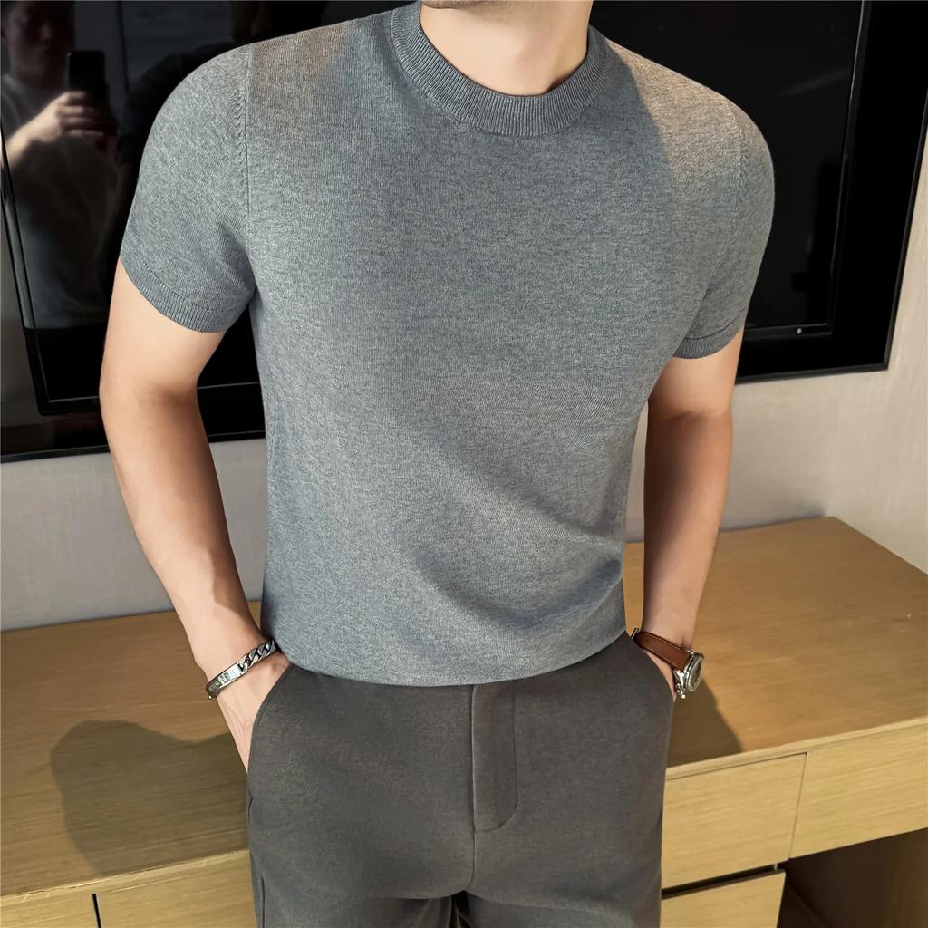 High Quality Solid Color Thick O-Neck Knitted T-Shirts Men Slim Fit Short Sleeve Knit Pullovers Korean Style Casual Tees Tops