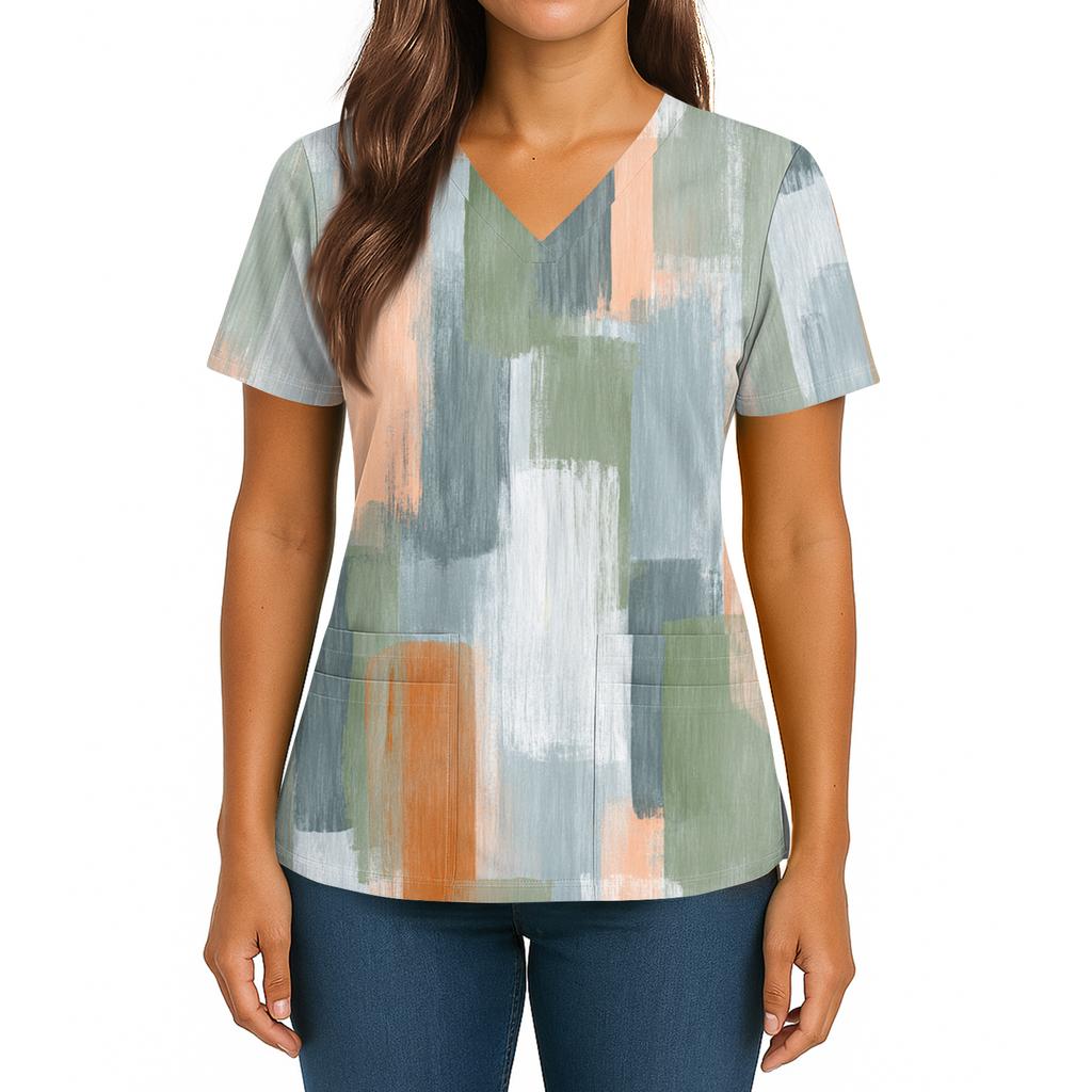 Women's Gradient Print V-Neck Double Pocket Short Sleeves Hem Slit Uniform Caregiver Top