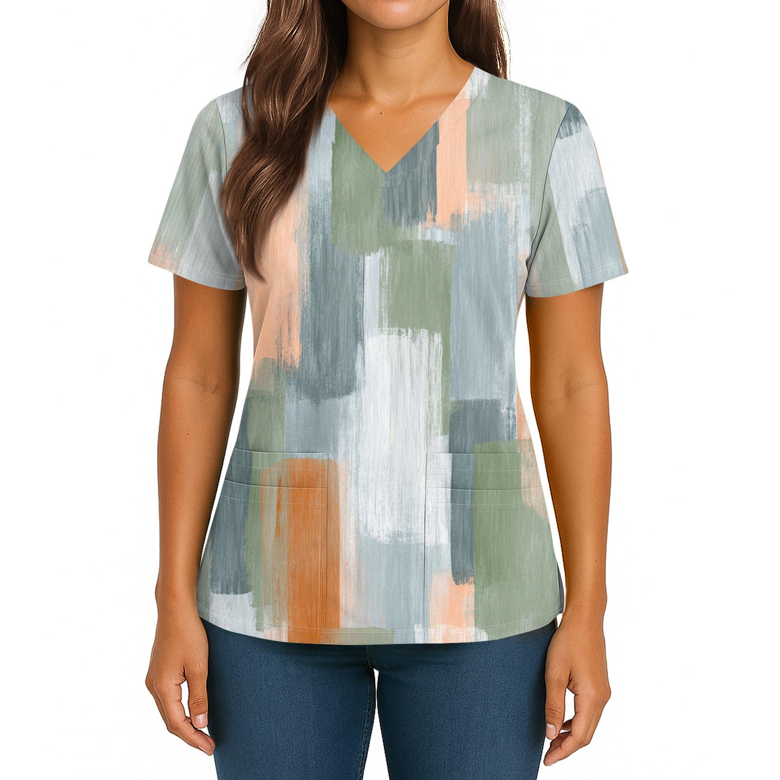 

Женский топ с градиентным принтом, V-образным вырезом, двойным карманом, короткими рукавами, разрезом по низу, униформа для ухода XXXXL