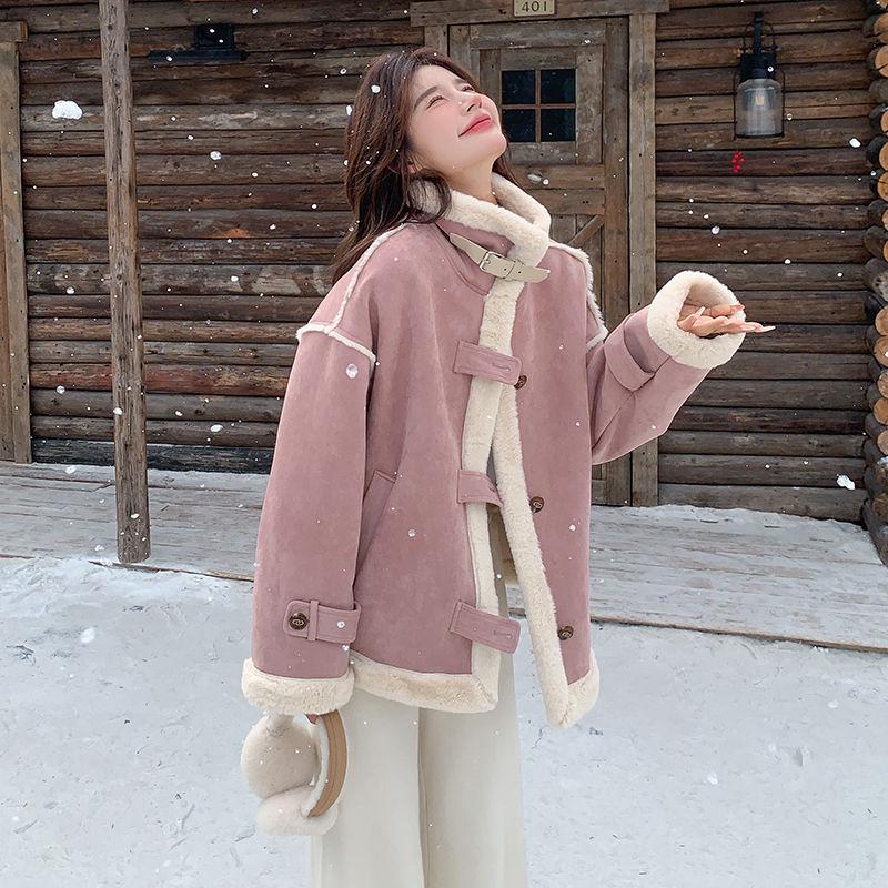 

Женская 2024 Розовая куртка из овечьей шерсти и замши - Утепленная, Маленький размер, Зимний топ с меховой подкладкой M - suitable for 100-115 jin розовый