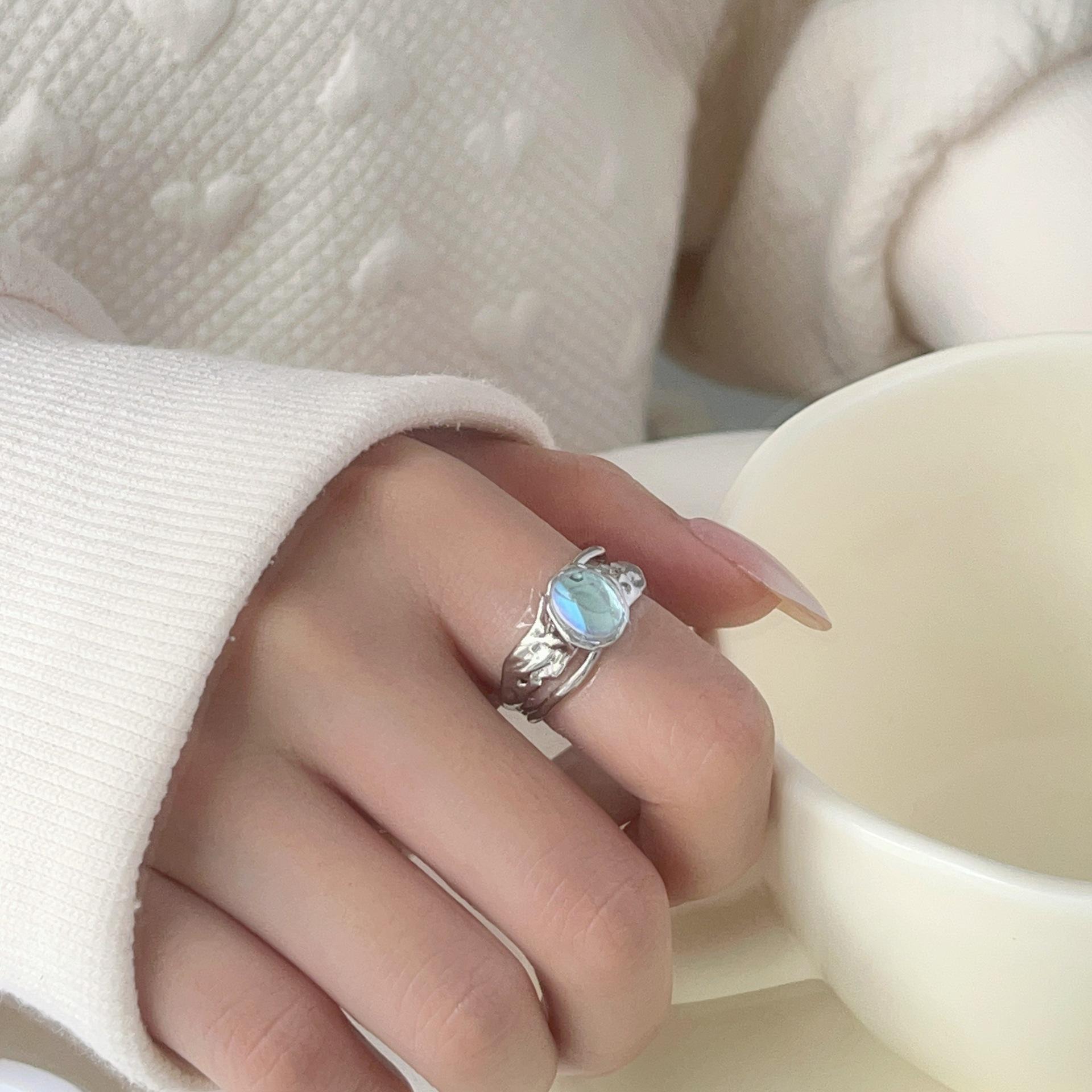 Exquisite Gradient Blue & White Moonstone Ring with Oval Gemstone and Floral Pattern Adjustable Open Size
