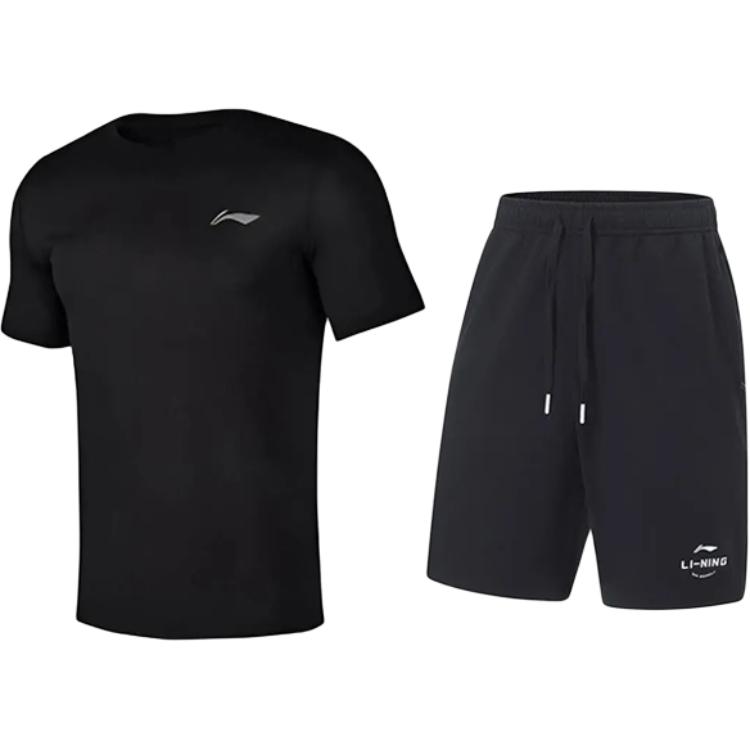 

Li-Ning Удобный Простой Дышащий Универсальный Пуловер с Круглым Вырезом, Короткий Рукав, Завязка на Талии, Брюки длиной до колена, Повседневный Спортивный Костюм YTSU145-2+AKST543-3 S