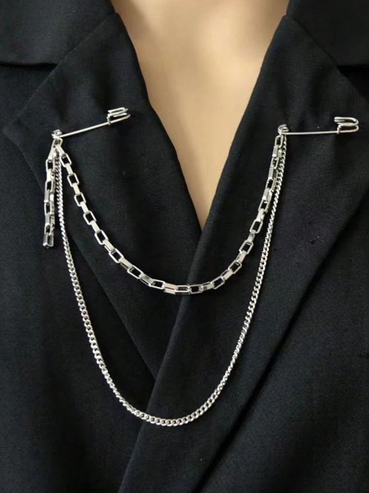 Punk Pendant Double Chain Brooch for Woman and Man Street Fashion Accessories Decoration Hip Hop Suit Jewelry Trendy Accessories
