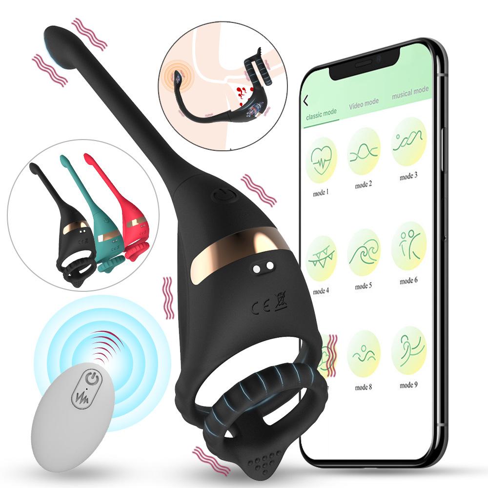 APP Controllo remoto Doppio anello Doppio shock Chiusura Cum Ring Plug anale Coppia vibratore Giocattoli del sesso Anello del pene remoto Prodotti per adulti