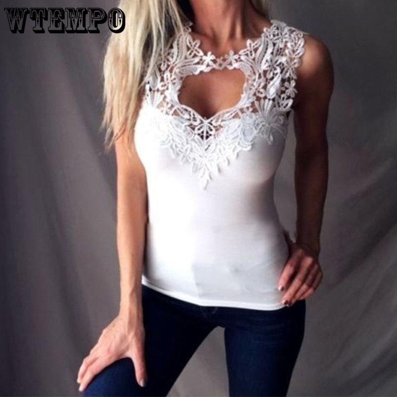 WTEMPO Women Clothing Sexy Solid Color Hollow Out Patchwork Lace Sleeveless Bodycon Vest Top