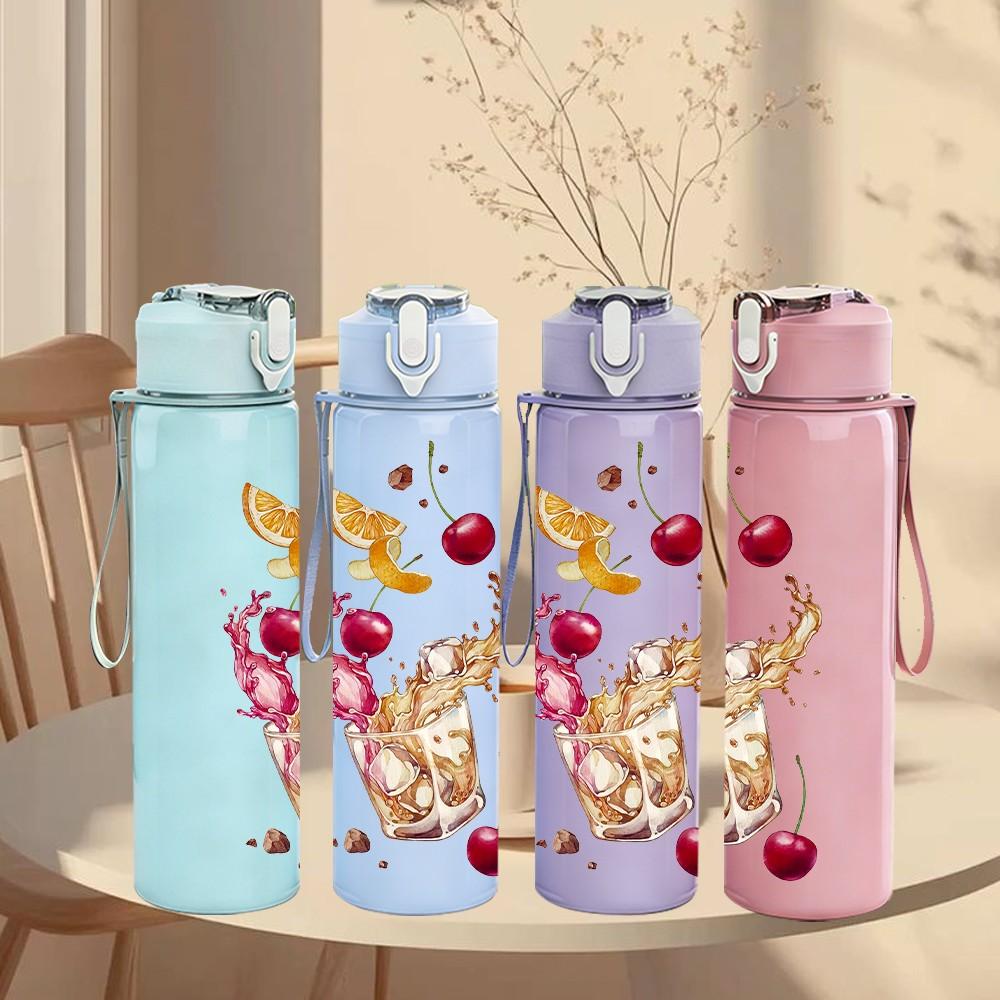 1PC Wine Glass Cherry Fruit Festive Party Art 750ml Color Plastic Sports Water Bottle Leakproof Flip Straw Lid Suitable for Sports Office Home Use