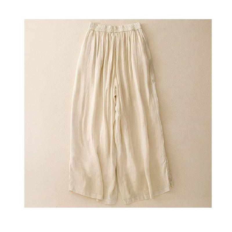 Vintage Embroidered Women's Wide-Leg Pants for Mothers, Summer Thin Elastic Waist Loose Casual Fashion Nine-Point Pants