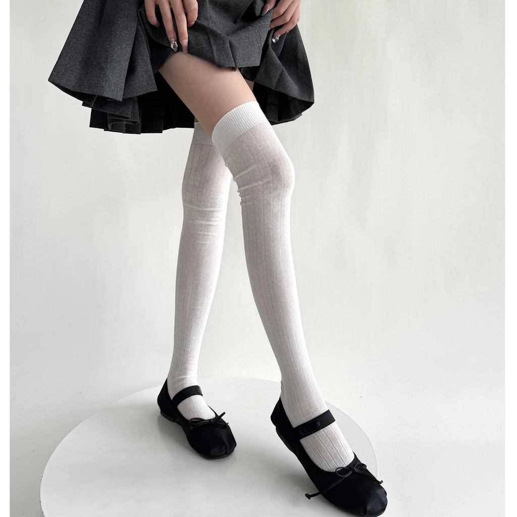 Damenstrümpfe, Baumwolle, dünn, atmungsaktiv, Kniestrümpfe, Oberschenkelstrümpfe, Schulmädchen, einfarbig, lange Socken, Oberschenkelstrümpfe