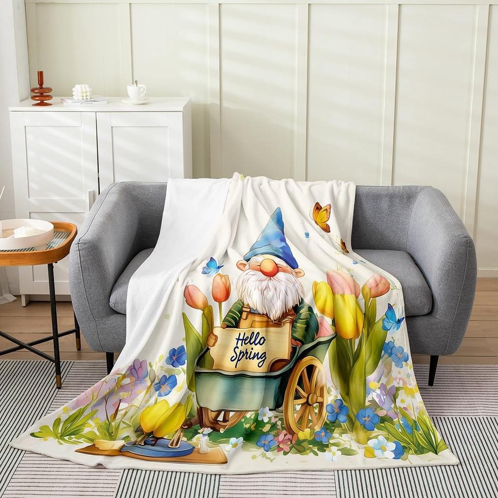 Spring Gnome Throw Blanket,Yellow Sunflowers Fleece Flannel Blanket for Toddler,Floral Truck Fuzzy Blanket,Lovely Bee GnomeDwarf