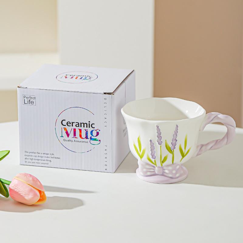 Tulip Ceramic Cup Hand Painted Relief High Looking Coffee Cup Mug Girl Heart Home Water Cup Souvenir
