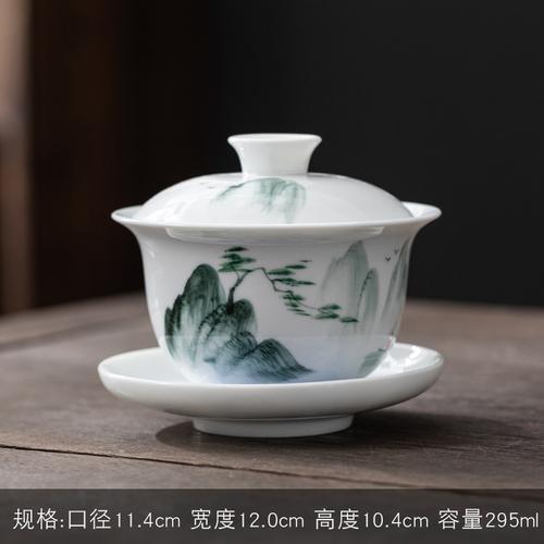 Jingdezhen-Hand Drawn Tea Bowl with Cover, Ceramic Tea Set, Large White Porcelain Covered Bowl, San Cai Gaiwan