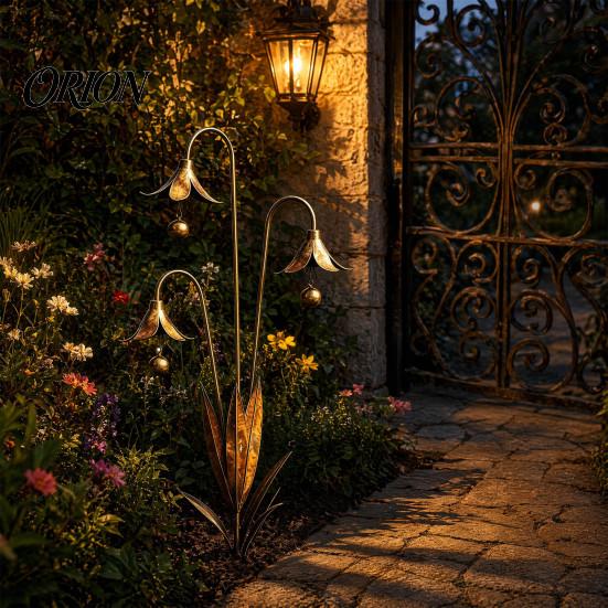 All-weather Garden Ornament Calla Lily Stake with Bells, 24 Inch Metal Triple Flower Wind Chime, Weatherproof Iron Outdoor for Patio Lawn Bed,