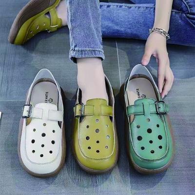 Retro Tasche Kopf Sandalen Damen Sommerbekleidung neue modische weiche Leder dicksohlige atmungsaktive hohle Zwei-Loch-Schuhe