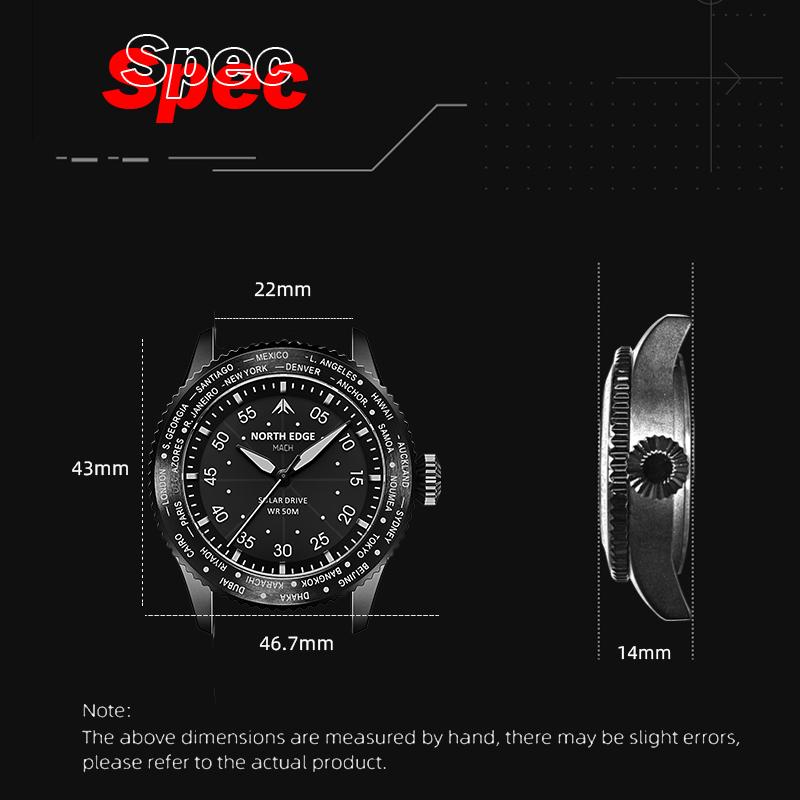 NORTH EDGE MACH Solar Power Quartz Watch Men Waterproof 50M Men's Pilot Sports Swimming Wristwatches Luminous 180+ Days Standby