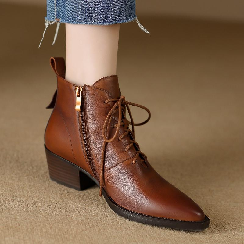 Women Boots Genuine Leather Women's Ankle Boots Zipper Lace Up Pointed Toe Block Heel Western Boots Autumn Winter Womens Shoes