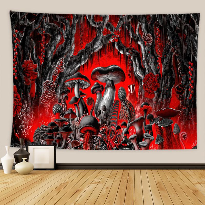 Witchy Psychedelic Tapestry Moon Phase Moth Mushroom Print Dark Bohemian Wall Hanging Home Decor 100X70CM
