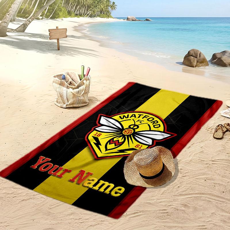 Watford FC Personalized Printed Beach Towel Soccer Logo Support Custom Name Text Absorbent Towel For Sport Travel Special Gift