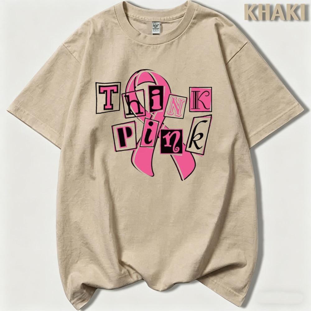 Think Pink Collage Letter Pink Ribbon Graphicunisex Summer T Shirt Breast Cancer Warrior Inspirational Casual Short Sleeve