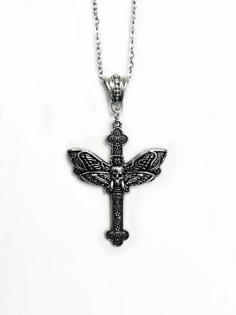 Gothic Cross and Skull Moth Necklace - European & American Design