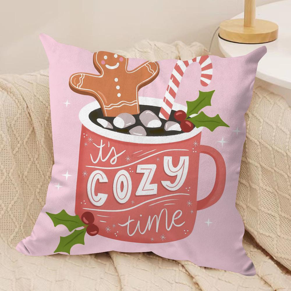 Christmas Pink Gingerbread Cushion Cover Silky Short Plush Invisible Zipper Dustproof Sofa Pillow Case For Home Decor