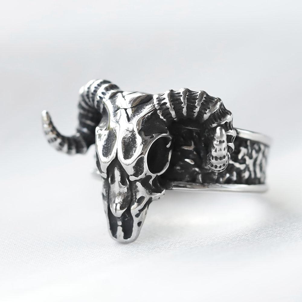 Vintage Gothic Goat Head Skull Ring For Men Stainless Steel Lucifer Animal Jewelry Cool Gift For Boys