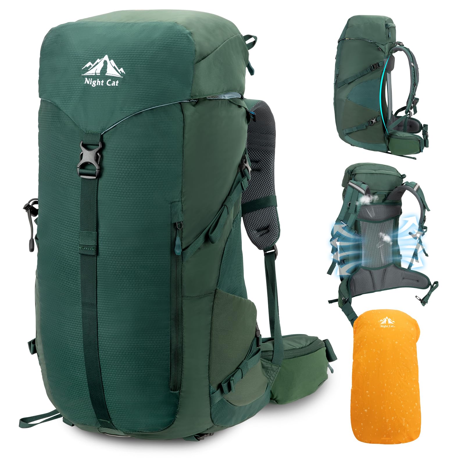 

[Night Cat] Inner Frame Hiking Backpack: 50L Camping Backpack for Men and Women Lightweight Waterproof Rain Cover