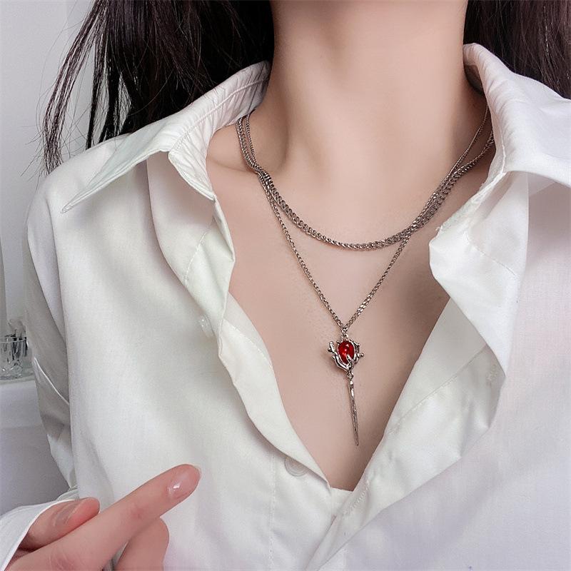 Double Layers Red Rose Pendant Necklace Layered Flower Stone Chain Necklaces Irregular Floral Girls Necklace